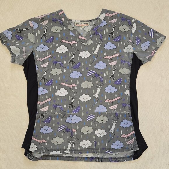 Rainy Day Scrub Top womens size L Large clouds dogs cats grey purple black - Picture 1 of 5